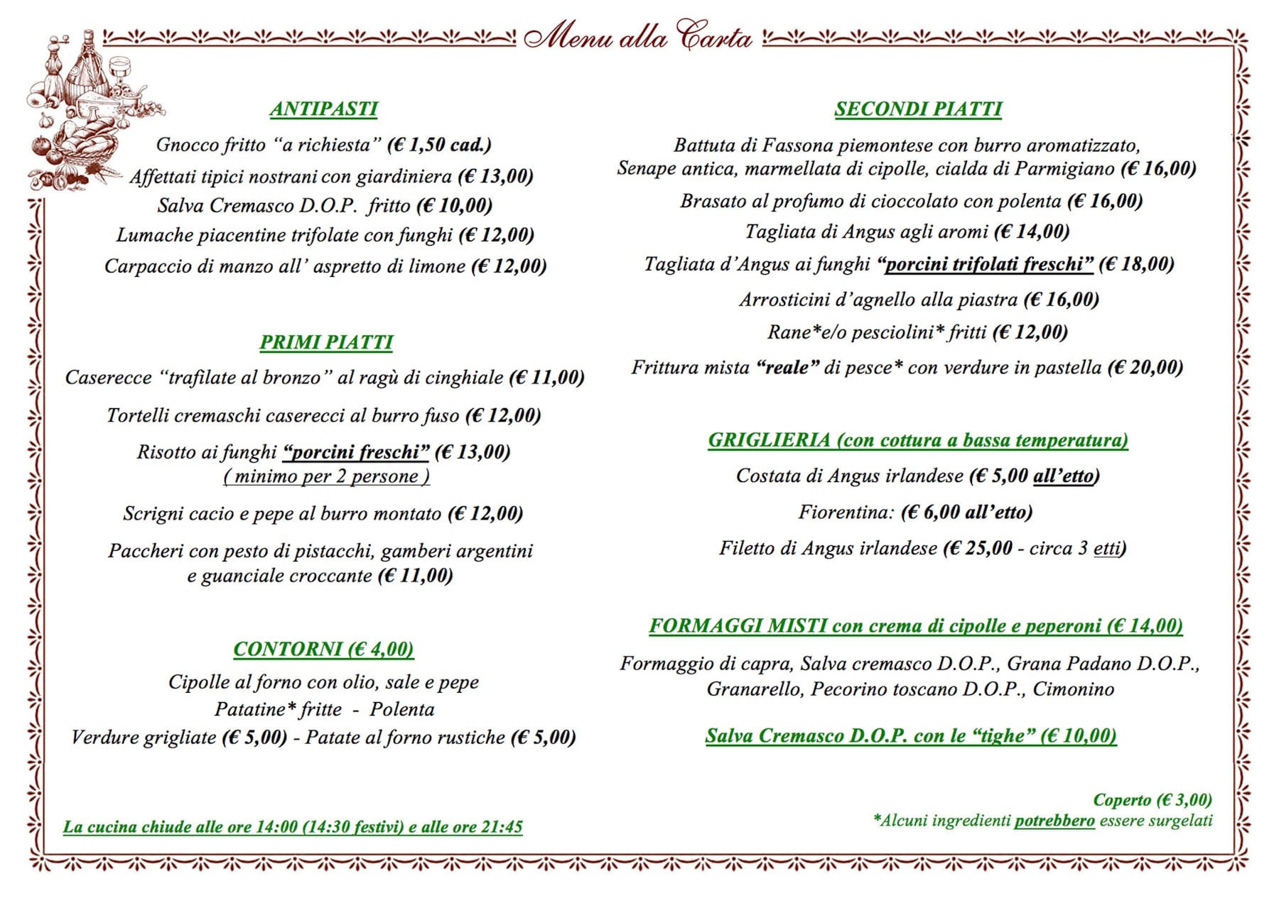 Menu alla Carta  Menu alla Carta osteria